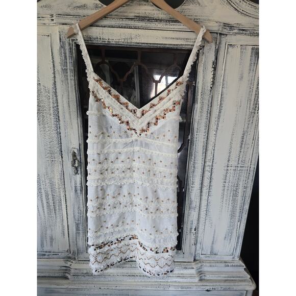 NWT Anthropologie Sequin Cotton White Fringe Mini Dress - Large - Picture 4 of 4